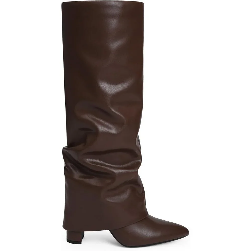 Women Chocolate Faux Leather Fold Over Knee High Chunky High Heels Long Boot